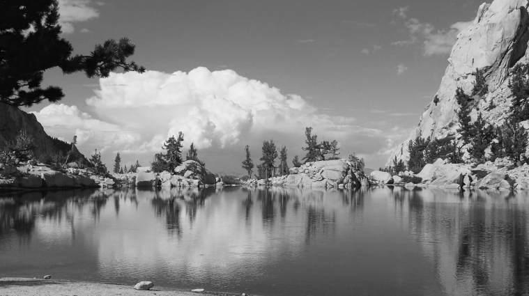 Mt. Whitney Trail, Lone Pine Lake looking east with thunderstorm approaching in the horizon.